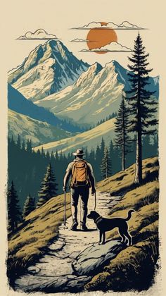 a man hiking with his dog in the mountains