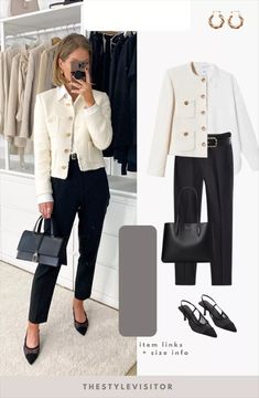 White Jacket Office Outfit, Elegant Slacks Outfit, Elegant Classic Outfits, Work Awards Night Outfit, Chic Work Outfits Women Summer, Black And White Business Outfit, Formal Business Woman Outfit, Chic Outfits For Work