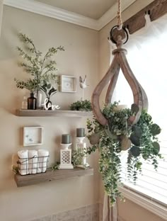 some shelves with plants and candles on them