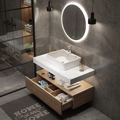 a bathroom with a sink, mirror and towel rack in the corner next to it