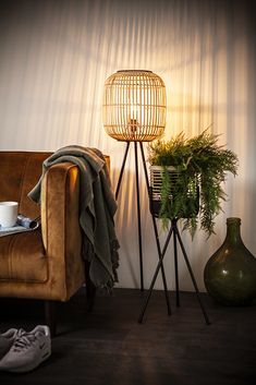 a living room with a chair, lamp and potted plant on the floor next to it