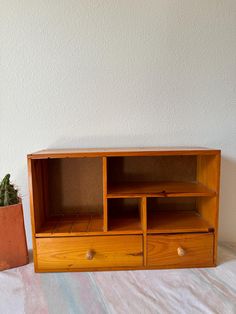 a wooden shelf with drawers and a potted plant