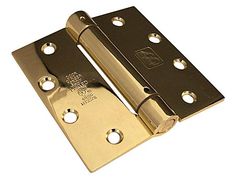 two brass plated door hinges with holes on the front and back sides