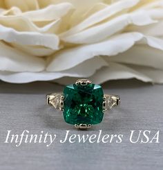 Cushion cut emerald and diamond ladies ring, 5.00ctw 14k yellow gold engagement ring, #5975 #AnniversaryRing #HolidayGift #MothersDay #AnniversaryGift #BridalJewelry #VintageEngagement #BirthdayGift #EngagementRings #CushionEngagement #WeddingRing Elegant Gia Certified Trillion Cut Emerald Ring, Elegant Trillion Cut Gia Certified Emerald Ring, Trillion Cut Emerald Ring With Diamond In Prong Setting, Formal Trillion Cut Emerald Ring, Elegant Green Trillion Cut Diamond Ring, Luxury Green Trillion Cut Jewelry, Classic Tsavorite Diamond Ring For Anniversary, Gia Certified Trillion Cut Emerald Ring For Anniversary, Emerald Jewelry With Trillion Brilliant Cut