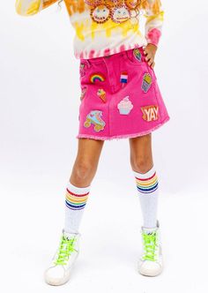 All About Patch Hot Pink Denim Skirt Hot Pink Denim, Crystal Hoodie, Pink Denim Skirt, Pink Patch, Patch Denim, Cute Patches, Trendy Denim, Rainbow Sweater, Pink Denim