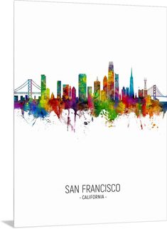 the san francisco skyline painted in watercolor on a white background with an orange, yellow and