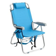 a blue lawn chair sitting on top of a metal frame with an armrest and foot rest