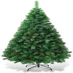 a green christmas tree on a black stand