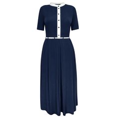 This navy blue midi dress is the perfect choice for both daytime and evening wear. With its elegant A-line silhouette, short sleeves, and chic button-up front with white trim, it offers a classic look that can easily be dressed up or down. The slim white belt cinches the waist for a flattering fit, while the soft fabric and hidden pockets ensure comfort and practicality all day long. Ideal for work, casual outings, or a night out, this dress is a versatile addition to your wardrobe. Viscose-85%,  linen -15% Midi Dress With Pockets, Navy Blue Midi Dress, Sophisticated Dress, White Belt, Sharp Dressed Man, Blue Midi Dress, White Trim, Dress With Pockets, Independent Designers Fashion