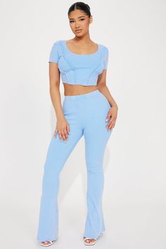 Available In Light Blue And Black. Washed Pant Set Short Sleeve Top Scoop Neck Cropped Flare Leg Pant Elastic Waistband Stretch Inseam 32" Disclaimer: Due To The Specialized Wash Process, Each Garment Is Unique. 94% Cotton 6% Spandex Imported | Get To Know Me Washed Pant Set in Light Blue size Large by Fashion Nova Blue Fitted High-waist Sets, Blue Stretch Cropped Bottoms, Light Blue Fitted Loungewear Sets, Fitted Light Blue Loungewear Sets, Blue Fitted Cropped Sets, Light Blue Fitted Short Sleeve Sets, Fitted Cropped Blue Pants, Blue Fitted Cropped Pants, Casual Blue Cropped Pants