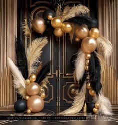 a black and gold balloon arch with feathers