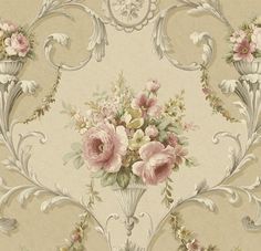 an ornate wallpaper with pink flowers and leaves on the top, in beige tones