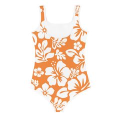 Get ready to make a splash with our super sweet swimsuits for kids! Made with comfortable, elastic fabric and featuring a vibrant Hawaiian flower print that won't fade, this swimsuit has a double-layered front, bias binding, and 38-40 UPF for worry-free fun. Perfect for active kids and peace of mind for parents!• 82% polyester, 18% spandex• UPF 38–40• Double-layered front• Four-way stretch material stretches and recovers on the cross and lengthwise grains• Bias binding in white• Sewn with an ove White Hawaiian Flowers, Kids Swimsuit, Orange Swimsuit, Hawaiian Flower, Active Kids, Bias Binding, Hawaiian Flowers, Free Fun, Elastic Fabric