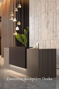 an executive reception desk is shown in front of a wooden paneled wall and plant