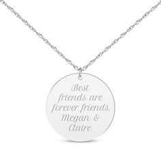 Create an extra special gift with this round disc necklace. Your sentiment is conveyed in an elegant script font on the sterling silver pendant. The pendant suspends along an adjustable 16-inch rope chain with a 2-inch extender that secures with a spring ring clasp. Silver Name Necklace For Best Friend, Engraved Adjustable Charm Necklace For Best Friend, Adjustable Engraved Charm Necklace Best Friend Gift, Elegant Silver Necklace For Best Friend Gift, Elegant Silver Necklace For Best Friend, Adjustable Round Pendant Necklace For Best Friend, Elegant Engraved Charm Necklace For Best Friend, Elegant Engraved Jewelry For Best Friend Gift, Elegant Round Pendant Necklace For Best Friend