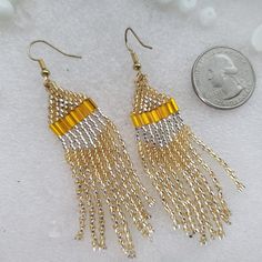 Fringe beaded earrings - Southwestern style Long Chandelier earring Boho beadwork Gold Beaded Earrings With Dangling Beads For Celebration, Gold Beaded Earrings For Celebration, Gold Dangle Beaded Earrings With Bead Caps, Gold Beaded Fringe Dangle Earrings, Gold Beaded Fringe Earrings As Gift, Gold Beaded Fringe Earrings For Gifts, Beaded Chandelier Drop Earrings For Celebration, Gold Beaded Earrings With Fringe As Gift, Party Dangle Beaded Earrings With Bead Caps