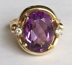 14k Yellow Gold Oval Faceted Amethyst and Diamond Ring   | eBay Classic Oval Amethyst Ring With Accent Stones, Oval Purple Amethyst Ring With Gemstone Accents, Oval Amethyst Ring Stamped 14k, Collectible Oval Rings With Gemstone Accents, Oval Amethyst Ring With Gemstone Accents For Formal Occasions, Classic Oval Purple Amethyst Ring, Classic Oval Amethyst Ring, Oval Purple Amethyst Ring With Center Stone, Heirloom Oval Amethyst Ring With Accent Stones