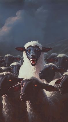 a herd of sheep standing next to each other in front of a sky with clouds