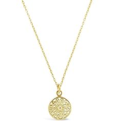 Say goodbye to boring jewelry. This intricate cutout disk necklace is the perfect way to add some interest to your look! The delicate necklace features a gorgeous cutout design that's sure to get everyone's attention. Available in gold and silver tones. Materials: 14K gold over sterling silver or sterling silver Features: Measures 18" with 2" extender, 0.5" pendant, Lead and Nickel free, spring ring clasp Gender: female. Age Group: adult. Elegant Medallion Necklace With Clavicle Chain Gift, Elegant Medallion Necklace With Clavicle Chain, Elegant Gold Plated Medallion Necklace As Gift, Elegant Gold Plated Medallion Necklace For Gift, Elegant Medallion Necklace With Adjustable Chain As Gift, Elegant Engraved Metal Necklace, Gold Medallion Pendant Necklace In Sterling Silver, Elegant Medallion Necklace With Delicate Chain As Gift, Elegant Medallion Necklace With Adjustable Chain