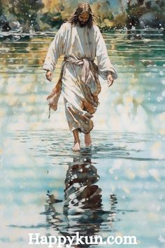 jesus walking through the water with his hands in his pockets