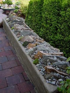 a brick walkway with rocks and plants on it