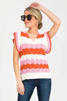 Wavy Stripe Flutter Top - New Arrivals - The Blue Door Boutique Orange V-neck Knit Top, Orange Knit V-neck Top, Chic Multicolor Summer Sweater, Cute Cotton Knit Top For Spring, Spring Pink Pointelle Knit Tops, Spring V-neck Ruffled Sweater, Chic Pink Pointelle Knit Top, Trendy Pink Pointelle Knit Top, Pink Pointelle Knit Top