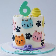 a birthday cake decorated with cats and dogs on the top is for a child's 6th birthday