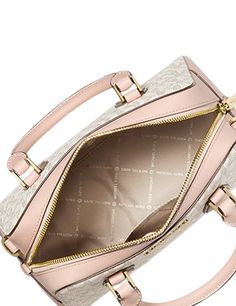 Classic Signature SatchelLogo-print canvas/faux leatherGold-tone hardware10.5”W X 8.25”H X 5.38”DHandle drop: 3.25”Exterior details: back slip pocketInterior details: back slip pocket, front slip pocketLining: 100% polyesterZip fasteningColor: Vanilla Soft Pink Luxury Pink Satchel With Palladium Hardware, Luxury Cream Satchel For Office, Luxury Soft Leather Pink Satchel, Luxury Pink Soft Leather Satchel, Classic Luxury Michael Kors Satchel, Luxury Classic Michael Kors Satchel, Luxury Pink Satchel Shoulder Bag, Casual Cream Satchel At Affordable Price, Luxury Pink Satchel For Everyday