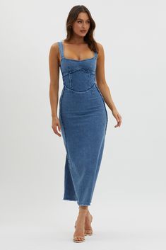 Shenae Raw Edge Bodycon Dress Denim Chic Washed Blue Fitted Denim Dress, Fitted Washed Denim Midi Dress, Fitted Mid-length Denim Dress In Medium Wash, Chic Non-stretch Denim Dress, Medium Wash Non-stretch Denim Dress, Denim Bodycon Dress, Denim Dress Outfit, Selfie Leslie, Plus Zise