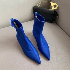 Qengg Winter Women Ankle Boots Pointed Toe Black Beige Blue Satin Solid Color Flat Low Heels Elastic Slip On Flat Low Heels Blue Pointed Toe Heels For Fall, Blue High Ankle Heels For Fall, Blue Pointed Toe Heels For Winter, Up Shoes, Blue Satin, Womens Boots Ankle, Winter Women, Low Heels, Blue Black