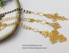 Brass Coptic Cross Necklace, White Turquoise Long Necklace, St. Benedict Religious Necklace, Ethiopian Cross Magnesite Rosary Chain Necklace By Regina Harp Designs. All of our necklaces are made with the highest quality Gold Filled jumped rings, clasps and components unless otherwise noted. This necklace features our Small Ethiopian Brass Cross with our St. Benedict Center and a CZ Quartz Connector on 6 mm Matte Magnesite Gold Plated Rosary Chain. This listing is for one Cross necklace in Pictur Bohemian Cross Beaded Necklace Gift, Gold Beaded Necklaces Nickel Free For Gifts, Gold Nickel-free Beaded Necklaces For Gifts, Gold Nickel-free Beaded Necklace For Gift, Gold Nickel-free Beaded Necklace Gift, Gold Spiritual Beaded Necklace Nickel Free, Nickel-free Gold Beaded Necklace For Spiritual Wear, Spiritual Gold Beaded Necklace Nickel Free, Spiritual Gold Beaded Necklace, Nickel Free