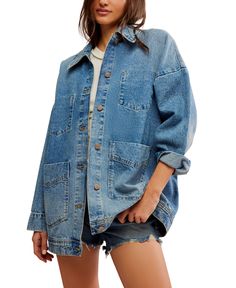 Traditional with a twist, this denim chore jacket from We The Free is featured in an oversized, slightly structured design with patch pockets and that perfect washed finish. Fit: Relaxed, oversized Features: Washed denim fabrication, collared neckline, drop-shoulder sleeves, patch pockets, phantom chest pockets with rivet details, button-front closure Why We <3 It: A timeless jacket that holds endless styling potential. Denim Chore Jacket, Cropped Leather Jacket, Chore Jacket, Workwear Fashion, Denim Jacket Women, The Blues, Long Sleeve Mini, Seasonal Fashion, Classic Blue