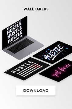 four laptop stickers with the words hustle hustle hustle above them and below it