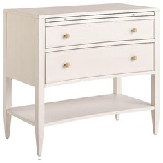 a white dresser with two drawers and one shelf on the bottom, against a white background