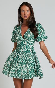 Nelli Mini Dress - Short Puff Sleeve Shirred Back Dress in Green Silhouette | Showpo USA Green Silhouette, Basic Black Dress, Spring Maxi Dress, Neon Outfits, Bachelorette Dress, Navy Bridesmaid Dresses, Short Puff Sleeve, Long Sleeve Knit Dress, Sparkle Dress