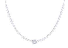 Introducing our spectacular Single Cushion Diamond Baguette Cluster Halfway Tennis Necklace. With a total weight of 2.18ct in natural diamonds, this timeless accessory will elevate any outfit and become a cherished piece in your necklace layering collection. Made with 14 karat gold, featuring a scintillating single cushion cluster center surrounded by full cut diamonds in a tennis necklace fashion. Details: Gemstones: Natural Diamonds Total Weight 2.18ct Quality: Diamonds G-H Color, VS1-VS2-SI1 Luxury White Gold Diamond Necklace With Baguette Diamonds, Luxury Diamond White Necklace With Baguette Diamonds, Luxury Baguette Cut Diamond Necklace, Diamond White Tennis Necklace With Baguette Diamonds, Dazzling White Baguette Diamond Necklace, Formal Diamond White Tennis Necklace With Baguette Diamonds, White Diamond Baguette Cut Necklace, Timeless Baguette Cut Diamond White Necklace, Formal Diamond White Baguette Diamonds Tennis Necklace