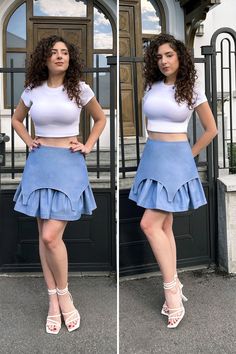 two photos of a woman wearing a white top and blue skirt with her hands on her hips