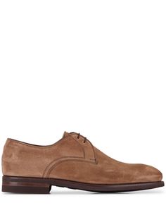 camel brown leather suede front lace-up fastening contrast stitching almond toe low block heel branded insole Classic Brown Lace-up Shoes With Suede Lining, Brown Suede Dress Shoes For Semi-formal Occasions, Semi-formal Suede Oxfords With Almond Toe, Semi-formal Suede Leather Shoes With Stitched Sole, Elegant Suede Dress Shoes For Derby, Elegant Suede Lace-up Shoes For Derby, Formal Suede Dress Shoes With Stitched Sole, Brown Suede Dress Shoes For Business Casual, Brown Suede Lace-up Shoes With Plain Toe