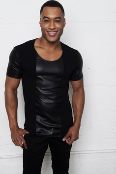 Black Jersey Leather Panel Short Sleeve T-Shirt Fitted Faux Leather Edgy Tops, Edgy Fitted Faux Leather Top, Edgy Faux Leather Tops For Fall, Edgy Faux Leather Top For Night Out, Black Faux Leather Party Tops, Trendy Fitted Faux Leather Tops, Trendy Fitted Faux Leather Top, Trendy Faux Leather Tops For Night Out, Summer Party Faux Leather Tops