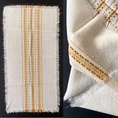 two pictures showing different types of cloths with fringed edges and stripes on them