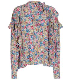 Isabel Marant - Libelzia floral stretch-silk blouse | Mytheresa Elegant Ruffle Sleeve Blouse With Floral Print, Elegant Ruffle Sleeve Floral Print Blouse, Elegant Blouse With Floral Print And Ruffle Sleeves, Fall Silk Blouse With Ruffles, Feminine Printed Ruffle Sleeve Blouse, Fall Viscose Blouse With Ruffles, Silk Ruffled Tops For Fall, Multicolor Blouse With Gathered Sleeves, Bohemian Blouse With Printed Ruffle Sleeves