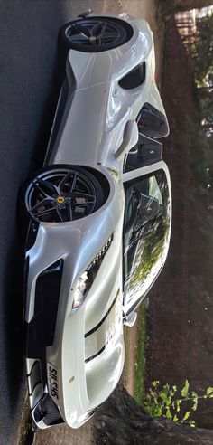 a white car parked on the side of a road next to a tree and bushes