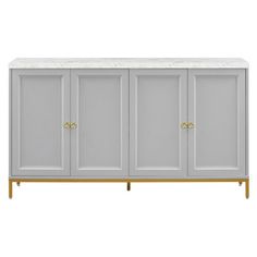 the sideboard with marble top and brass handles is shown in grey, white and gold