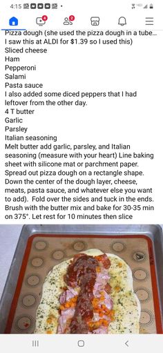 the recipe for pizza is displayed on an iphone screen, and it appears to be in english