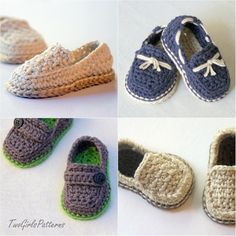 crocheted baby shoes and slippers are shown in four different pictures, including one with