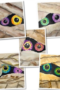 Five similar but different multimedia paintings of mummy eyes. Eyes are each different colors and peaking through the mummy wrappings. Spooky Halloween Art Ideas, One Hour Art Projects, Pop Art Art Projects, Grade 3 Fall Art Projects, 4th Grade Halloween Art Projects, Pre K Art Projects Fall, 5th Grade Fall Art Projects, Halloween Art 3rd Grade