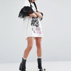 Super Cute And Unique Chic Fitted T-shirt Dress For Spring, Edgy Long Sleeve Summer Dresses, Chic Cotton T-shirt Dress For Spring, Edgy Long Sleeve Mini Dress For Summer, White Graphic Print Dress For Fall, Trendy Mini Dress For Casual Occasions, Oversized Casual T-shirt Dress For Fall, Oversized Casual Mini Dress For Spring, Cotton Dresses For Streetwear