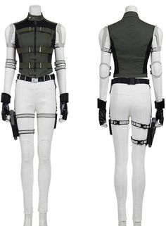 a white and black suit with straps on the front, and back views of it