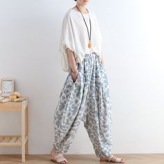 Loose-Fitting Camouflage Harem Pants Linen Drop Crotch Pants in Light Blue Apricot One Size - Morimiss.com Pants Linen, Drop Crotch Pants, Linen Pants, Make You Feel, Apricot, Camouflage, Harem Pants, Full Length, Loose Fitting