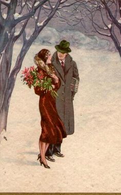 an old fashioned christmas card with a man and woman walking in the snow holding flowers